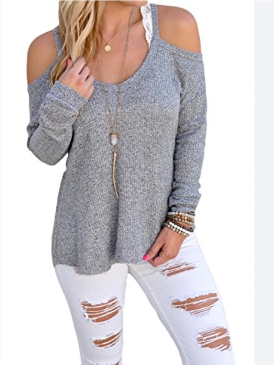 Lumiere Sweaters - LUMIERE Gray Cold Shoulder Sweater V-Neck Donegal Knit Size S